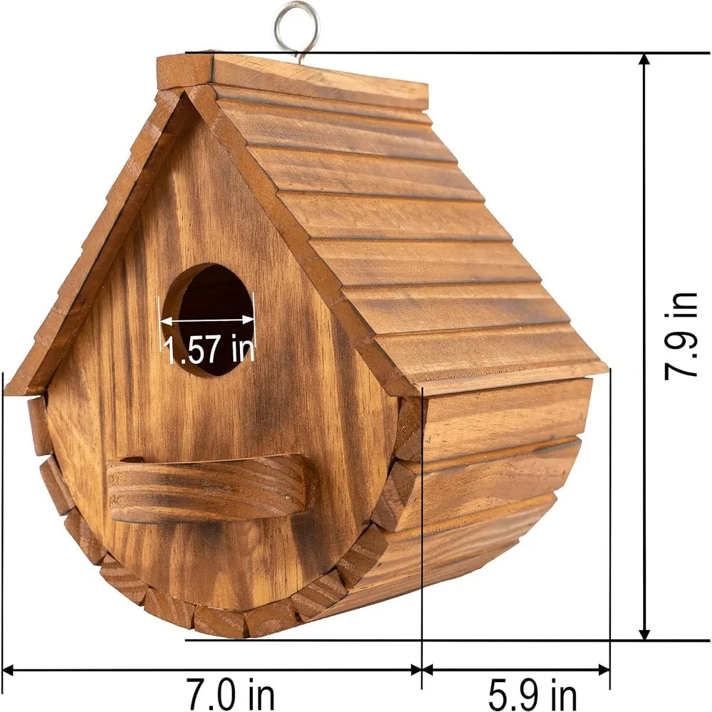 Set of 2 Outdoor Bird Houses Rustic Pine Wood Hanging Garden Decor