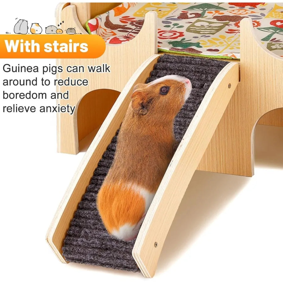 Large Wooden Guinea Pig Hideout 2 Tier Castle With Stairs