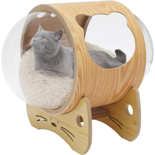 Luxury Cat Pod Bed with Wooden Frame and Acrylic Dome