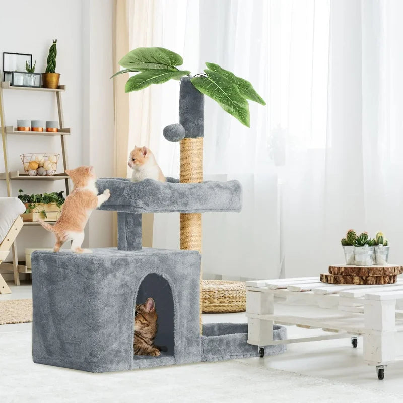 31.5" Cat Tree Tower for Indoor with Green Leaves Design