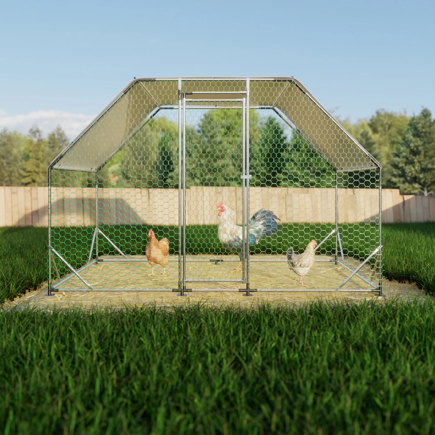 LZBEITEM 9.94 ft x 6.46 ft x 6.36 ft Metal Large Chicken Coop Walk-in Poultry Cage Run Flat Shaped with Waterproof Cover