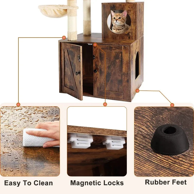 Litter Box Enclosure with Cat Tree and Wooden Furniture