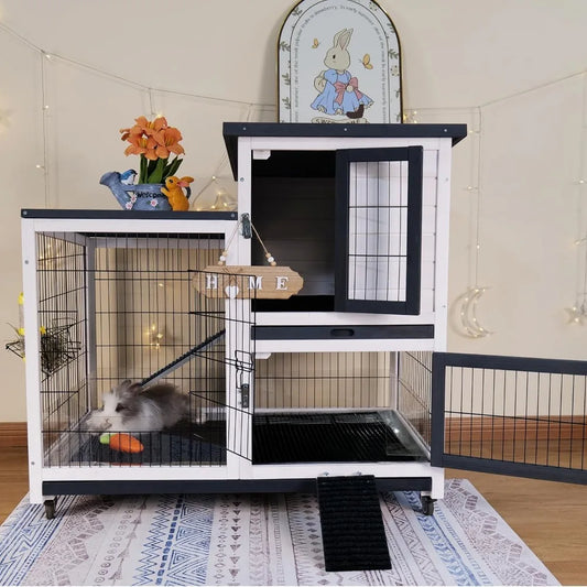 Rabbit Hutch Indoor Bunny Cage Outdoor with Urine Guards Two Storey Mobile Guinea Pig Cage Wire Bottom and Two Trays