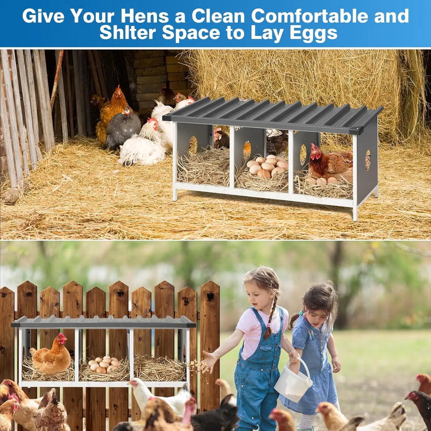 3 Compartments Nesting Box, 3 Rooms Metal Nesting Box Chickens Egg Laying Nest Boxes for Hens