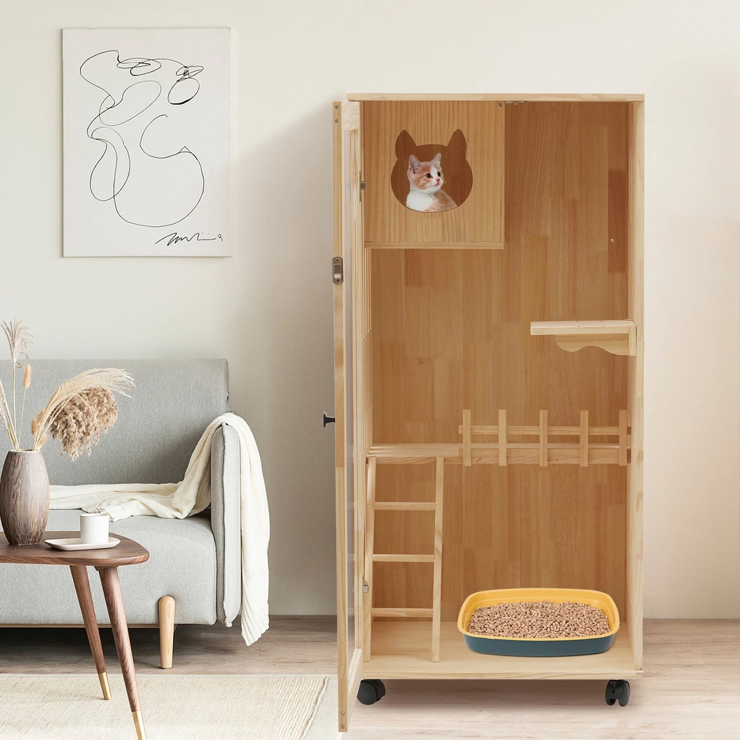 Wooden Cat House with LED Light, Clear Door & Wheels, Easy Install