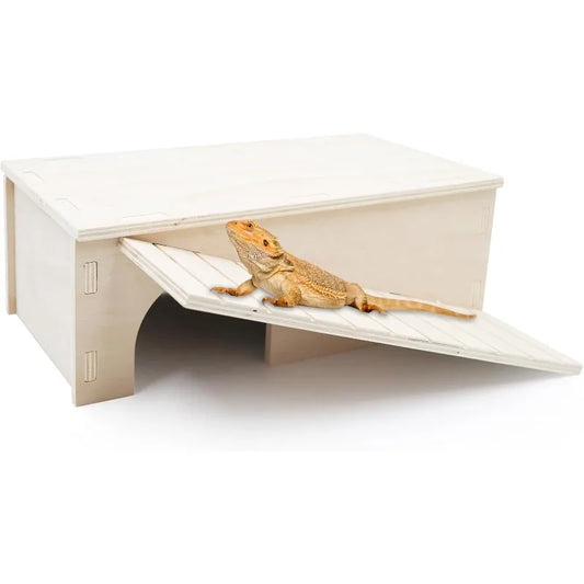 Wooden Lizard Hideout with Climbing Ramp Reptile Habitat with Basking Platform Tank Accessories for Bearded Dragon Lizard Chameleon 12.9 x 11 x 4.7 Inch