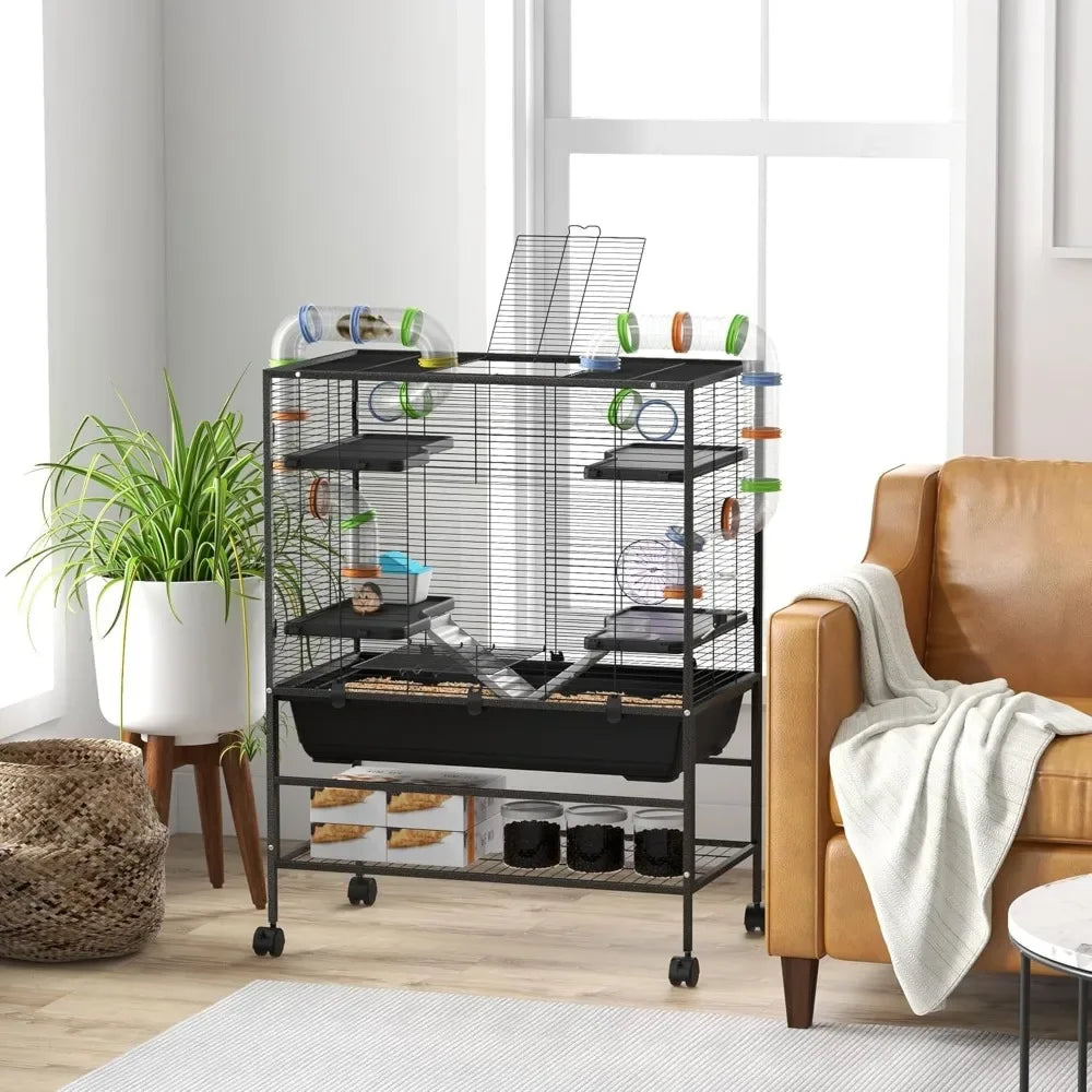 32 Inch Large Hamster Cage with Storage Shelf and Tubes for Syrian Hamster and Gerbils with Running Wheel and Food Dish