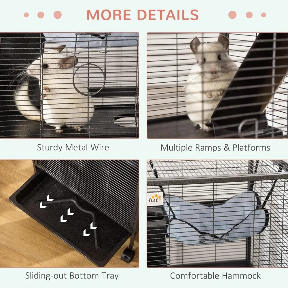 Metal Small Animal Cage Rolling Big For Ferret Chinchilla Sugar Glider With Hammock And 4 Tiers Removable Tray