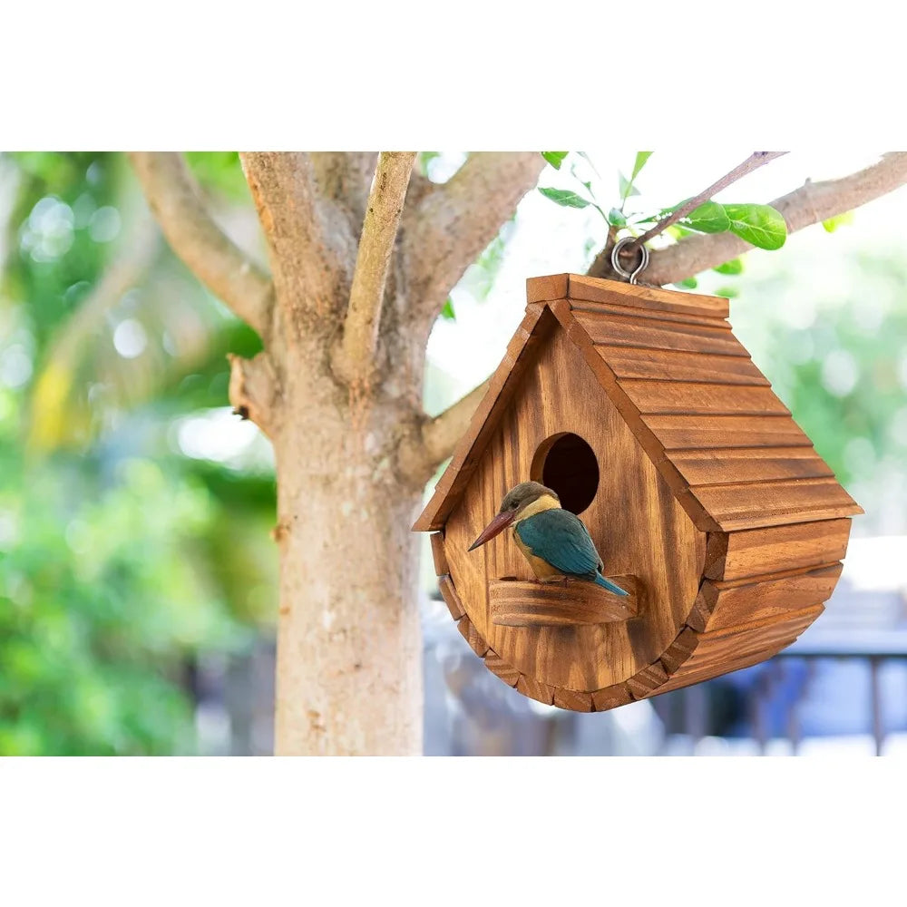 Set of 2 Outdoor Bird Houses Rustic Pine Wood Hanging Garden Decor