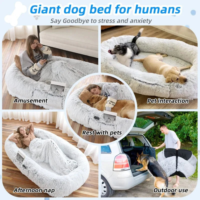 Human Dog Bed 71 Inch x 45 Inch x 12 Inch Washable Faux Fur Orthopedic Bed for People and Pets Napping