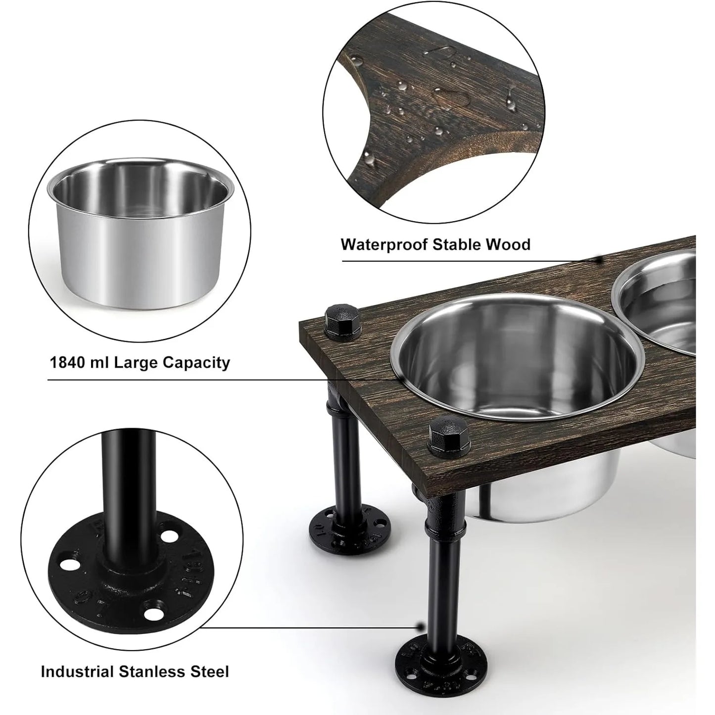 Raised Dog Bowl Stand for Large Dogs with 2 Stainless Steel Bowls and Waterproof Wood Base in Rustic Brown and Durable Design