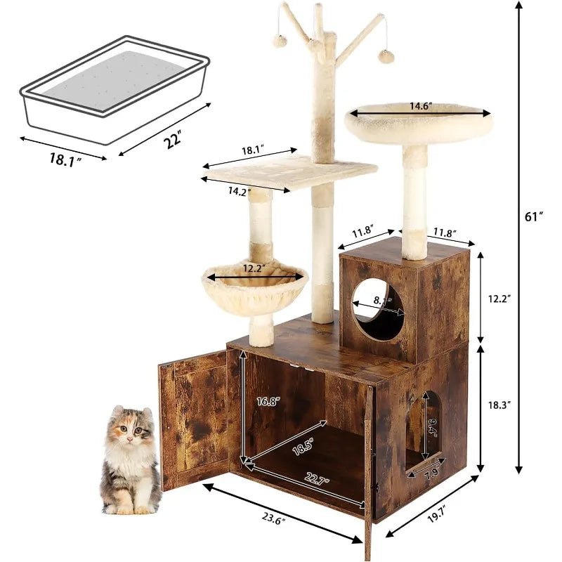 Litter Box Enclosure with Cat Tree and Wooden Furniture