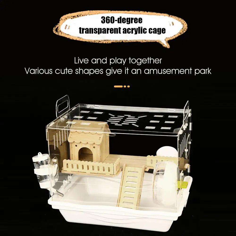 Acrylic Hamster Cage Wooden Small Animal Cage Accessories 2-Layer Small Pet Breathable House For Dwarf Hamsters Mice Gerbils