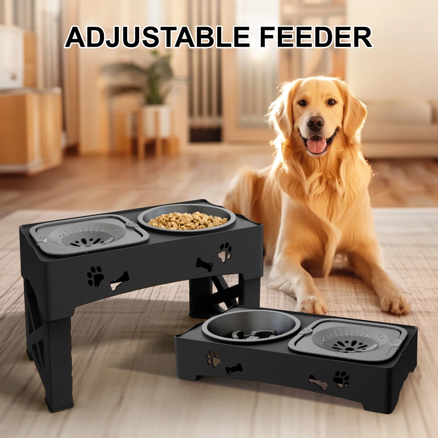 3 In 1 Pet Feeder Slow Feed Bowls Double Bowls Foldable With 5 Adjustable Heights For Pets Of Different Sizes