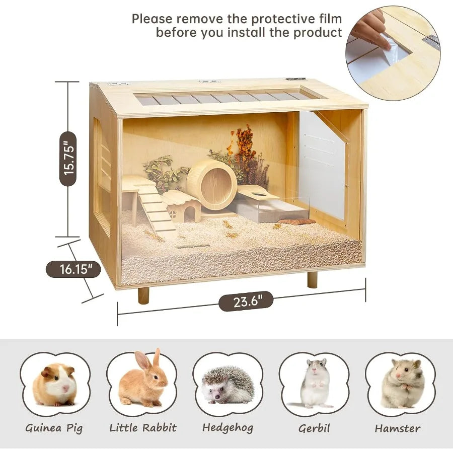 Wooden Hamster Cage 24 Inch Clear Guinea Pig Cage Open Top Habitat With Acrylic Pan