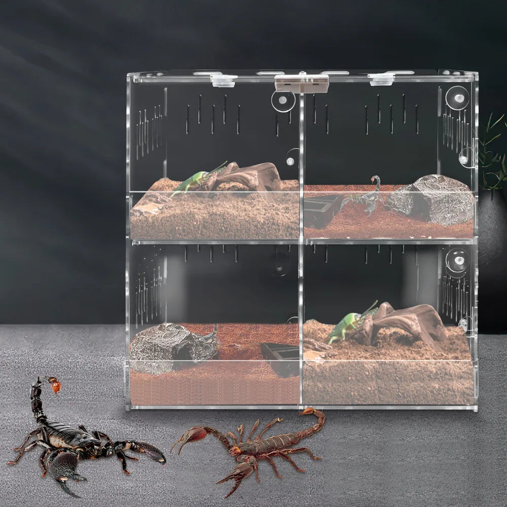 Bymaocar 4-grid Clear Acrylic Reptile Terrarium Cage With Thermometer