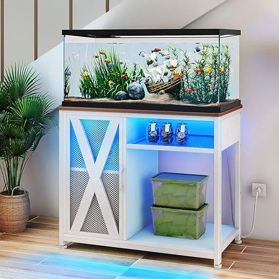 40 To 50 Gallon Aquarium Stand With Power Outlets And Cabinet Storage LED Light