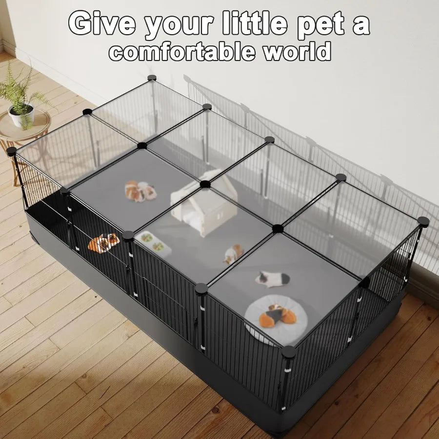 Guinea Pig Cage With Top Cover And 12 Panels Triple Fixing Small Animal Playpen Waterproof PVC Liner OneMotion Hooks