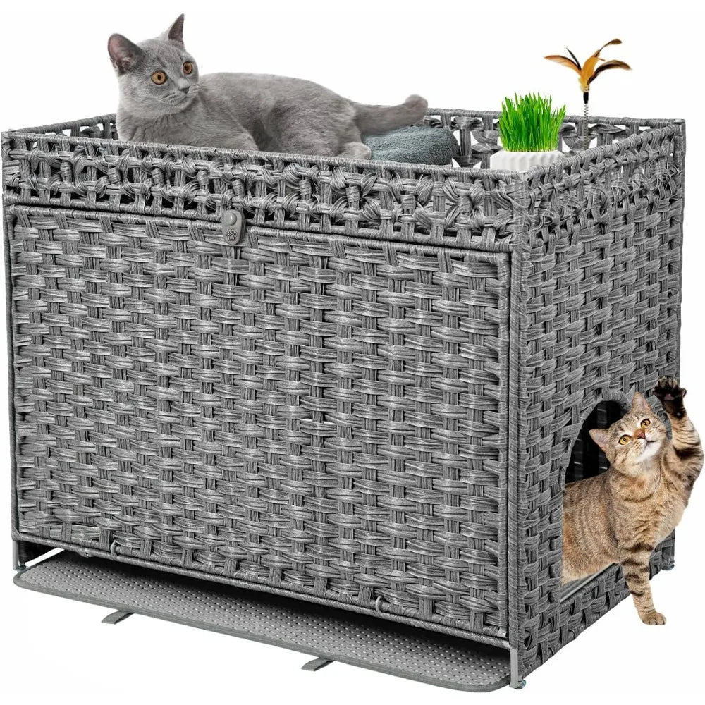 Hidden Litter Box Furniture For Large Cats Handwoven Rattan Pet House With Door Modern Grey By Doveaid
