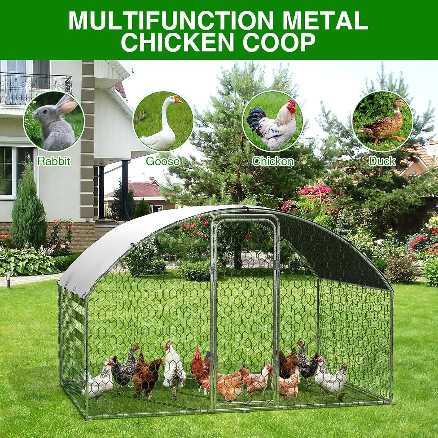 Large Metal Chicken Coop Walk-in Poultry Cage for Outdoor Waterproof UV-Resistant Cover Lockable Door Large Chicken Run for Farm