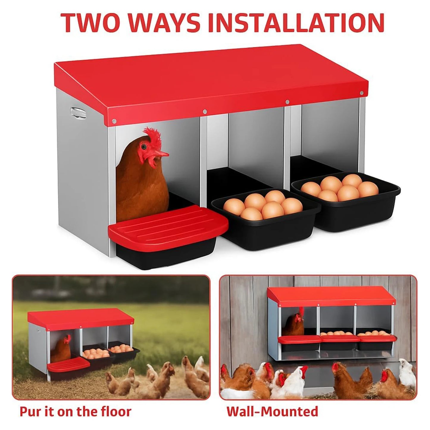 Chicken Nesting Boxes, 3 Compartment Metal Roll Away Nest Box for Chicken Coop,Chickens Laying Egg, Lid Cover to Protect Eggs