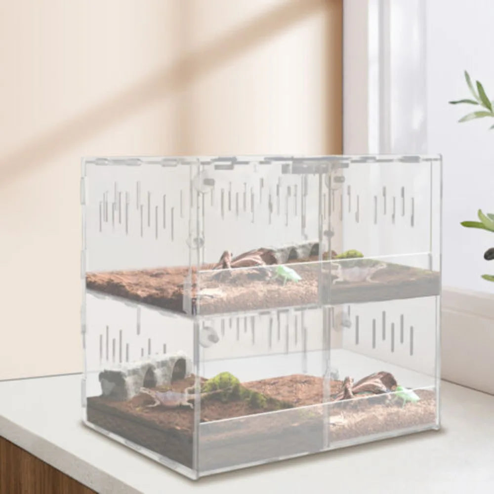 Bymaocar 4-grid Clear Acrylic Reptile Terrarium Cage With Thermometer