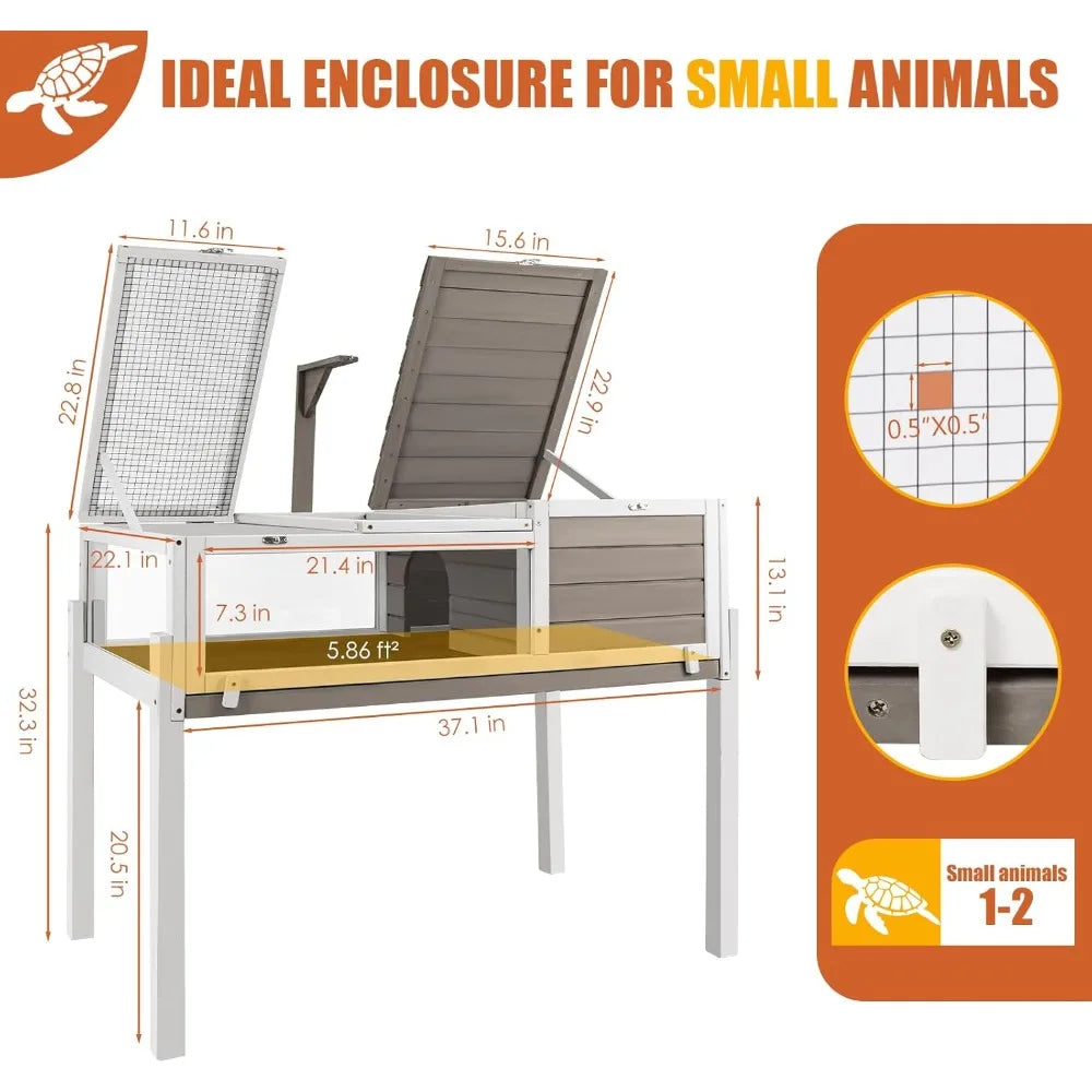 Large Wooden Tortoise Habitat Enclosure with No Leaking Tray Indoor and Outdoor Reptile Cage for Small Animals