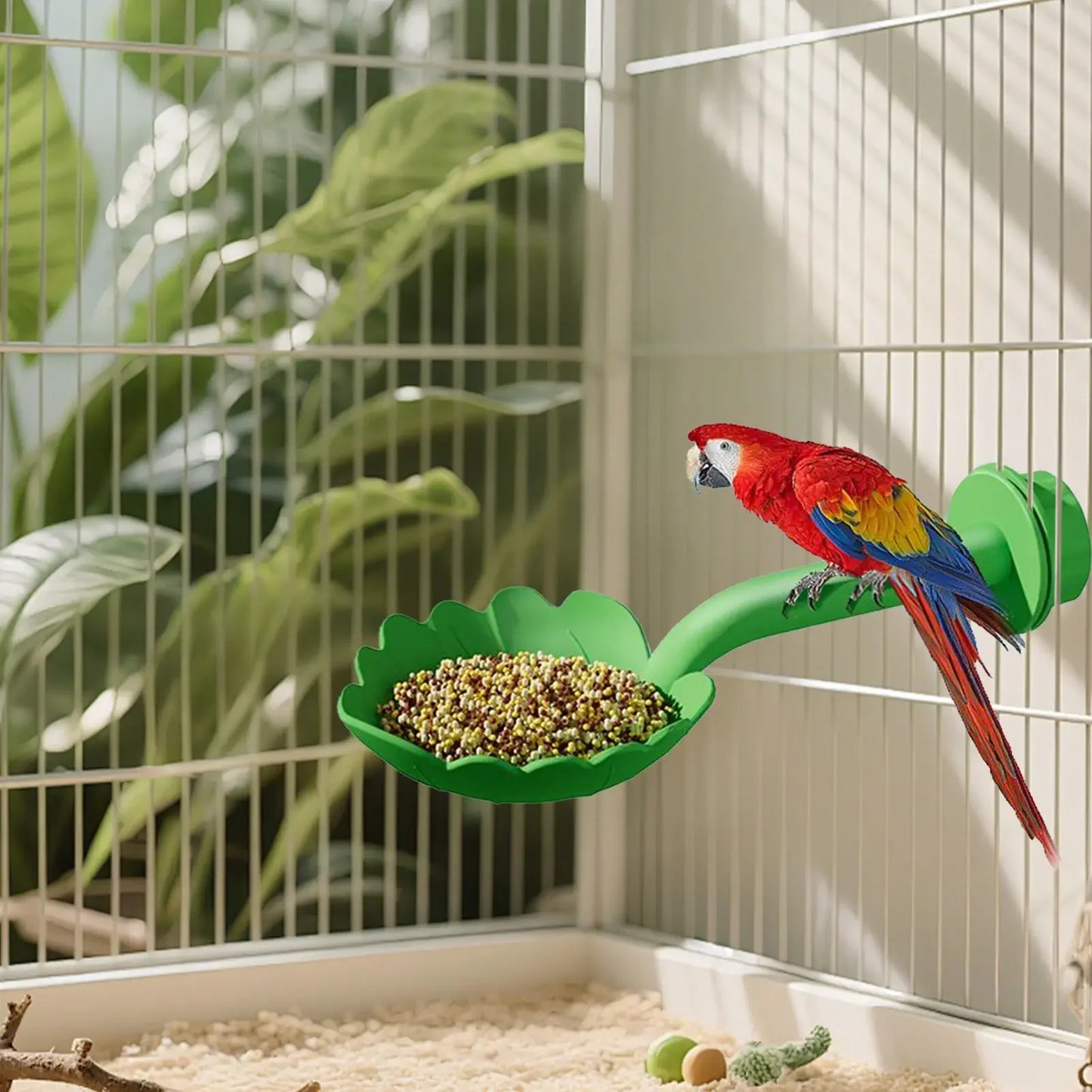 Parrot Stand Perch Feeder Leaf Shaped Tray Cage Perch Interactive Play Gym