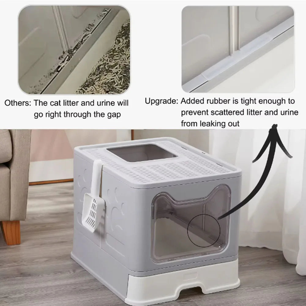 Convenient Foldable Litter Box Drawer Design with Scooper for Easy Cat Waste Management