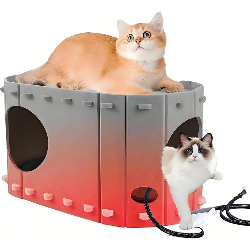 Heated Cat House For Indoor Cats With Timer And Temperature Adjustable Heating Pad Included Foldable Cat Houses Condos