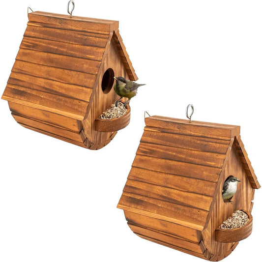 Set of 2 Outdoor Bird Houses Rustic Pine Wood Hanging Garden Decor