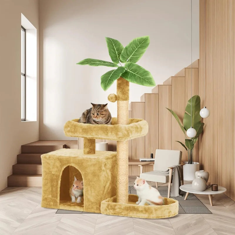 31.5" Cat Tree Tower for Indoor with Green Leaves Design