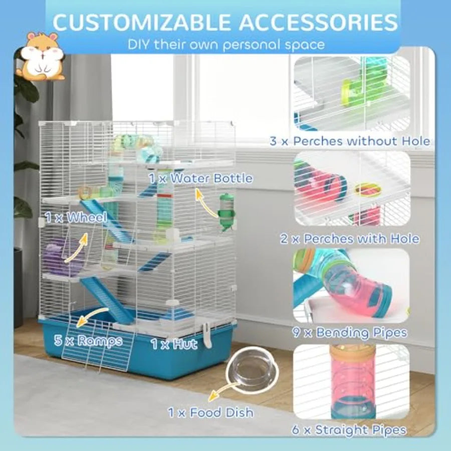 Six Tier Hamster Cage With Tubes And Tunnels 32 Inch DIY Large Small Animal Cage With Hut Wheel Food Dish Water Bottle