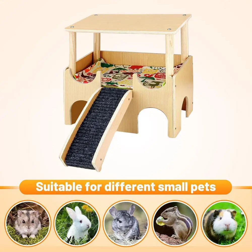 Chinchilla House Double-Layer Wooden Hamster Playground Shelter With Ladder