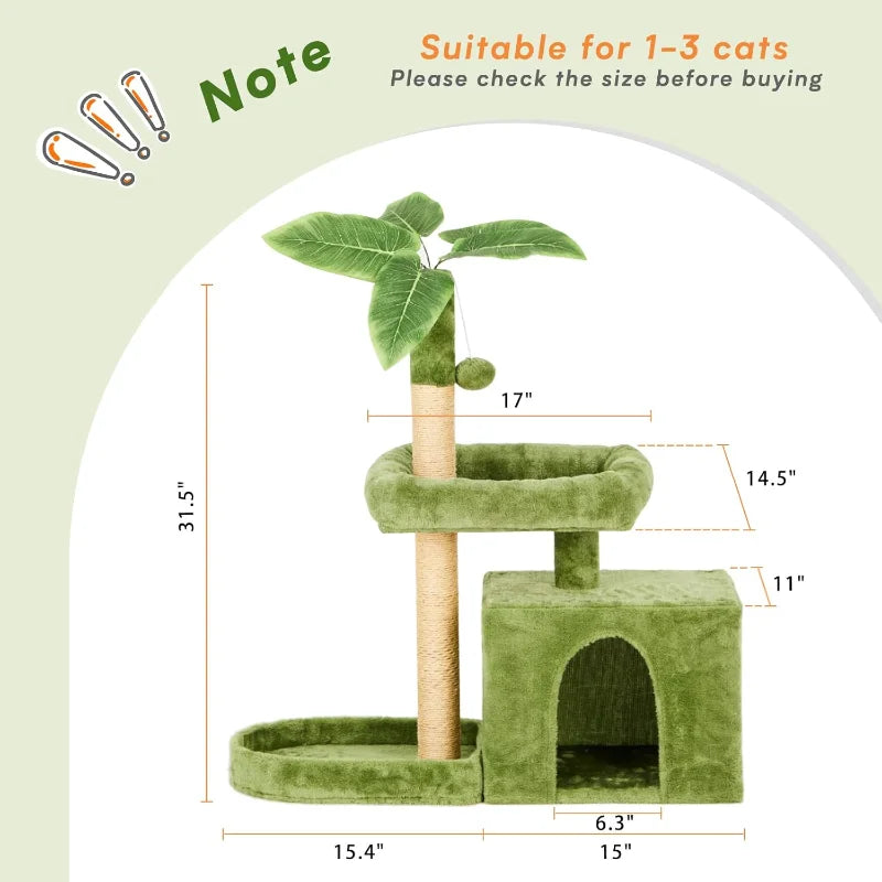 31.5" Cat Tree Tower for Indoor with Green Leaves Design