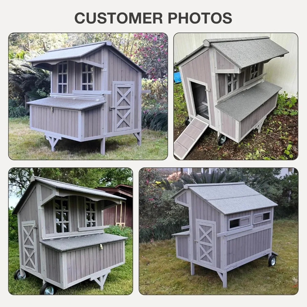 Durable Outdoor Chicken Coop with Large Wheels, 3 Nesting Box, and Leakproof Pull-On Tray - Movable Hen House