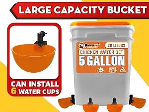 5-Gallon/44 Pounds Automatic Chicken Feeder & Waterer Set(2 Buckets), Chicken Feeder Port & Water Cup No Waste, Rain Proof