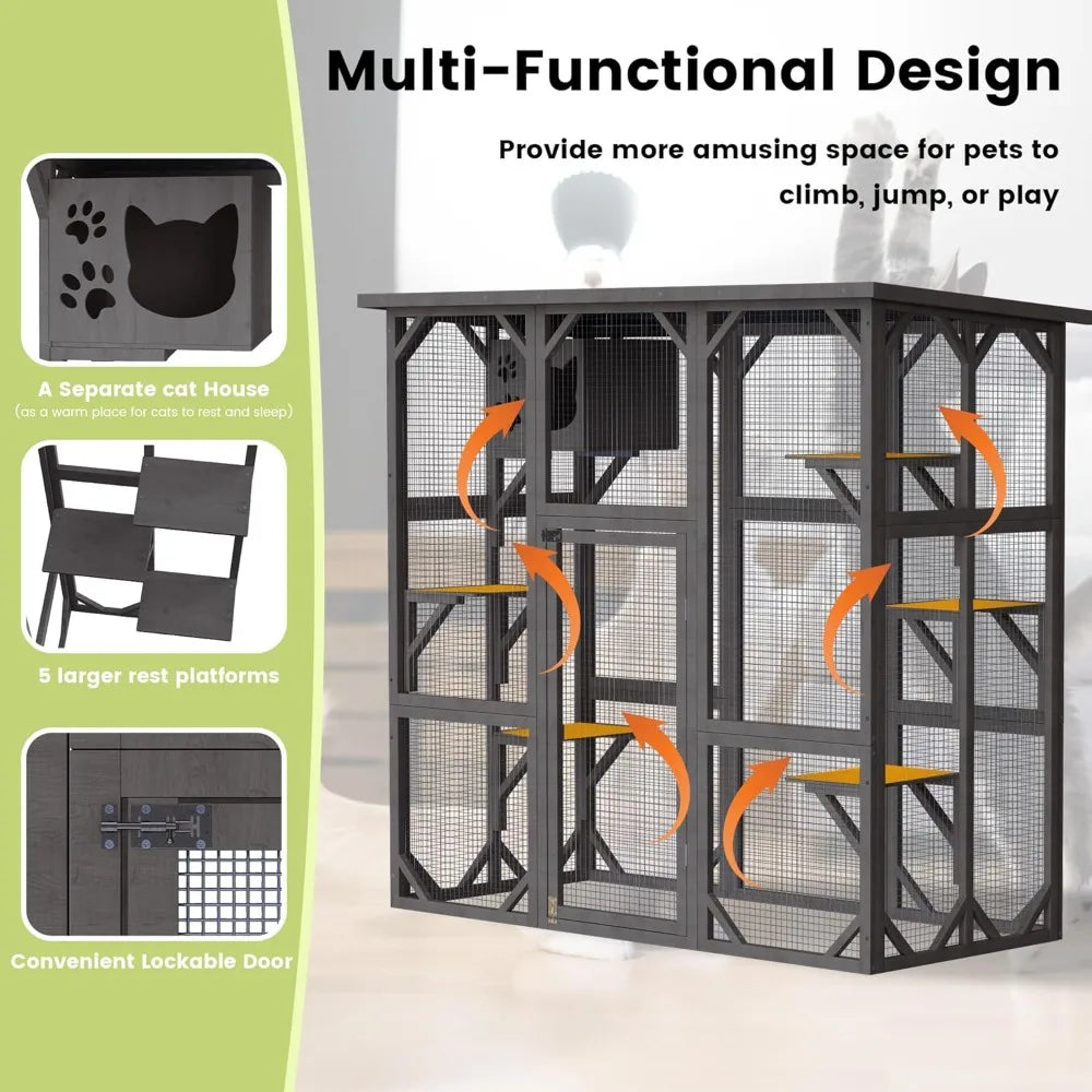 Catio Cat House Cage Enclosure with 5 Platforms and Kennel