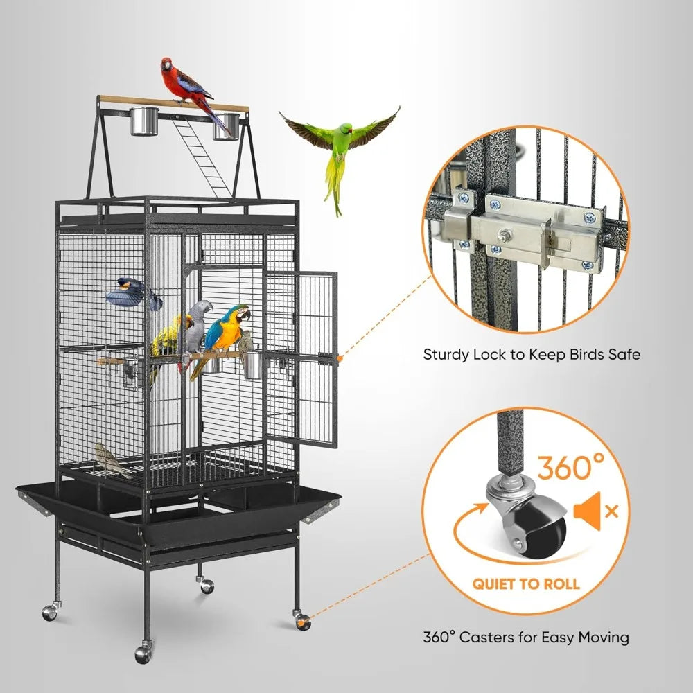Wrought Iron Standing Bird Cage 68 Inch Tall Play Top for African Grey Parrot
