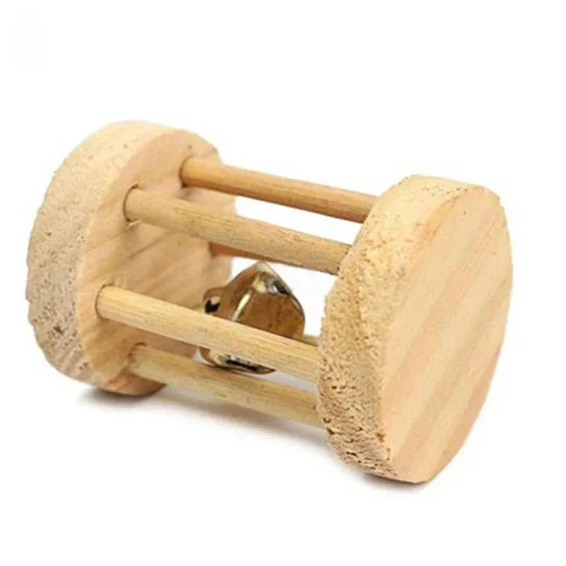 Cute Rabbit Roller Toys Natural Wooden Pine Dumbbells Unicycle Bell Chew Toys for Guinea Pigs and Small Pets