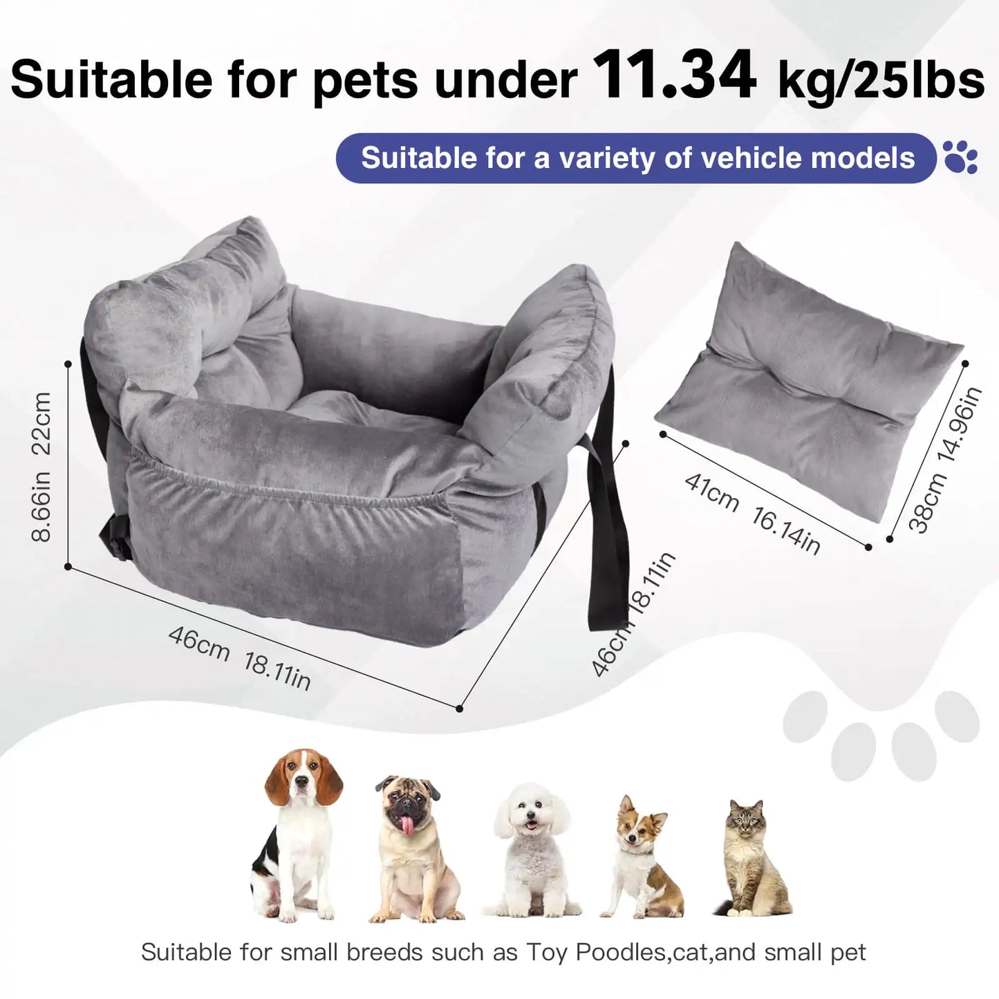 2 In 1 Dog Car Seat Carrier Bag Travel Detachable Handles