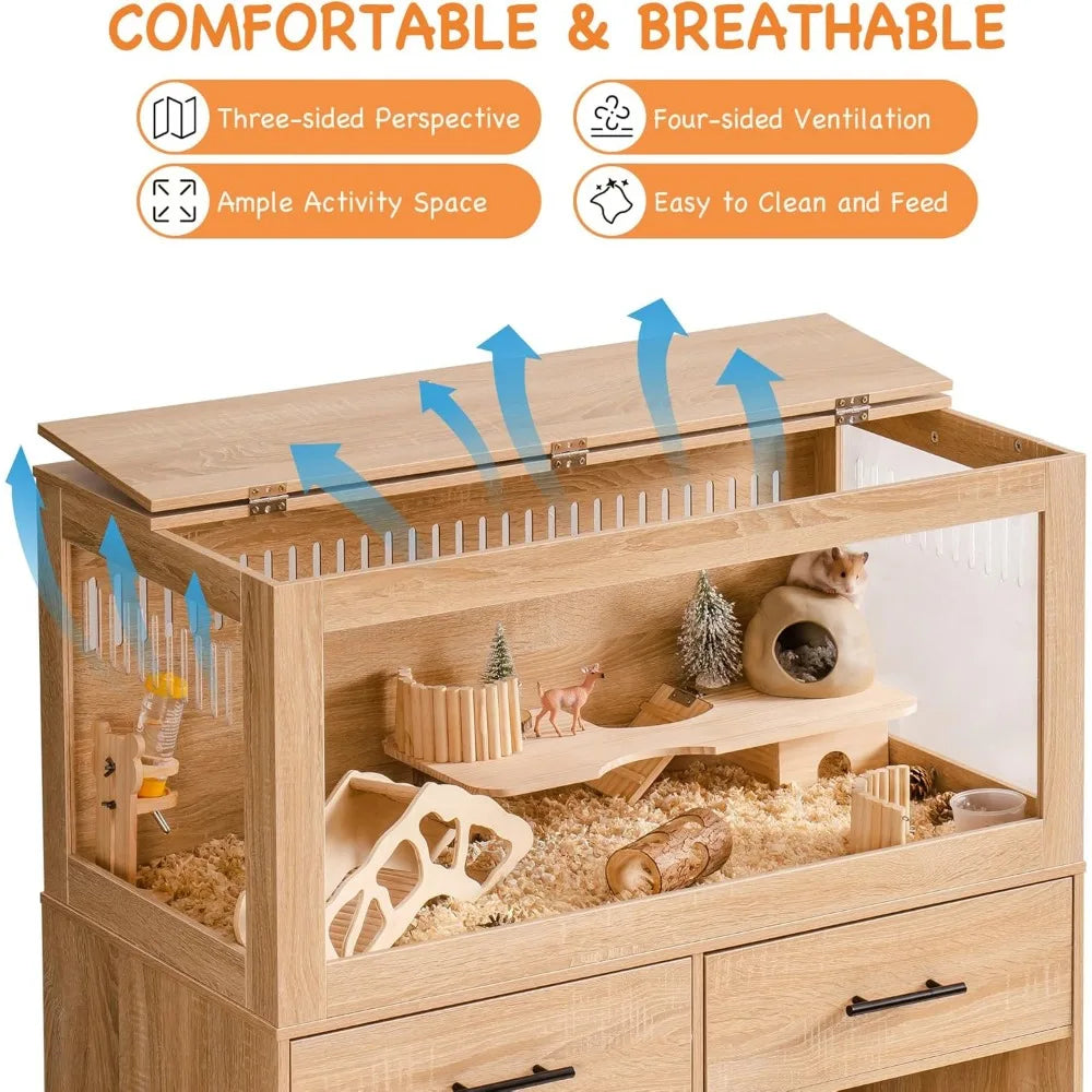 Large Hamster Cage with Storage Cabinet and Drawer Spacious Habitats with View Acrylic Panels Easy Assembly Indoor Use
