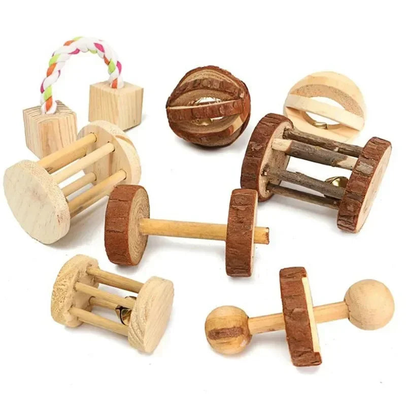 Cute Rabbit Roller Toys Natural Wooden Pine Dumbbells Unicycle Bell Chew Toys for Guinea Pigs and Small Pets