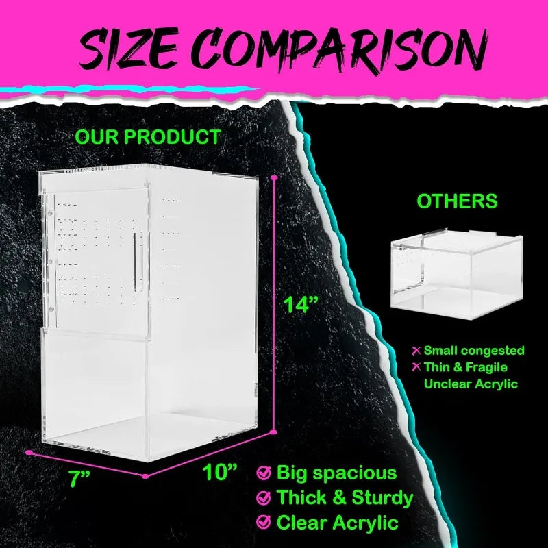 Tarantula Enclosure XL (10”x7”x14”) Reptile Terrarium w/Sliding Magnetic Door-Great Reptile Tank for Terrestrial or Arboreal Ani