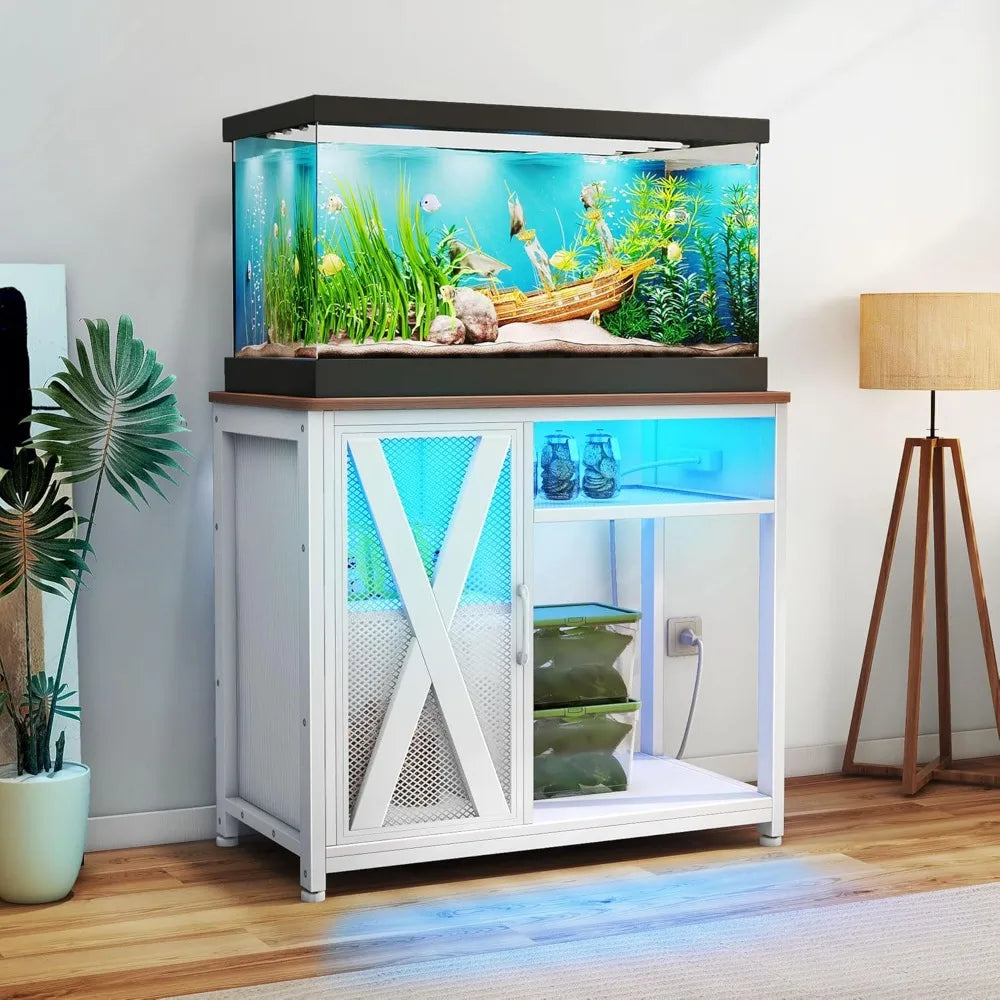 40 To 50 Gallon Aquarium Stand With Power Outlets And Cabinet Storage LED Light