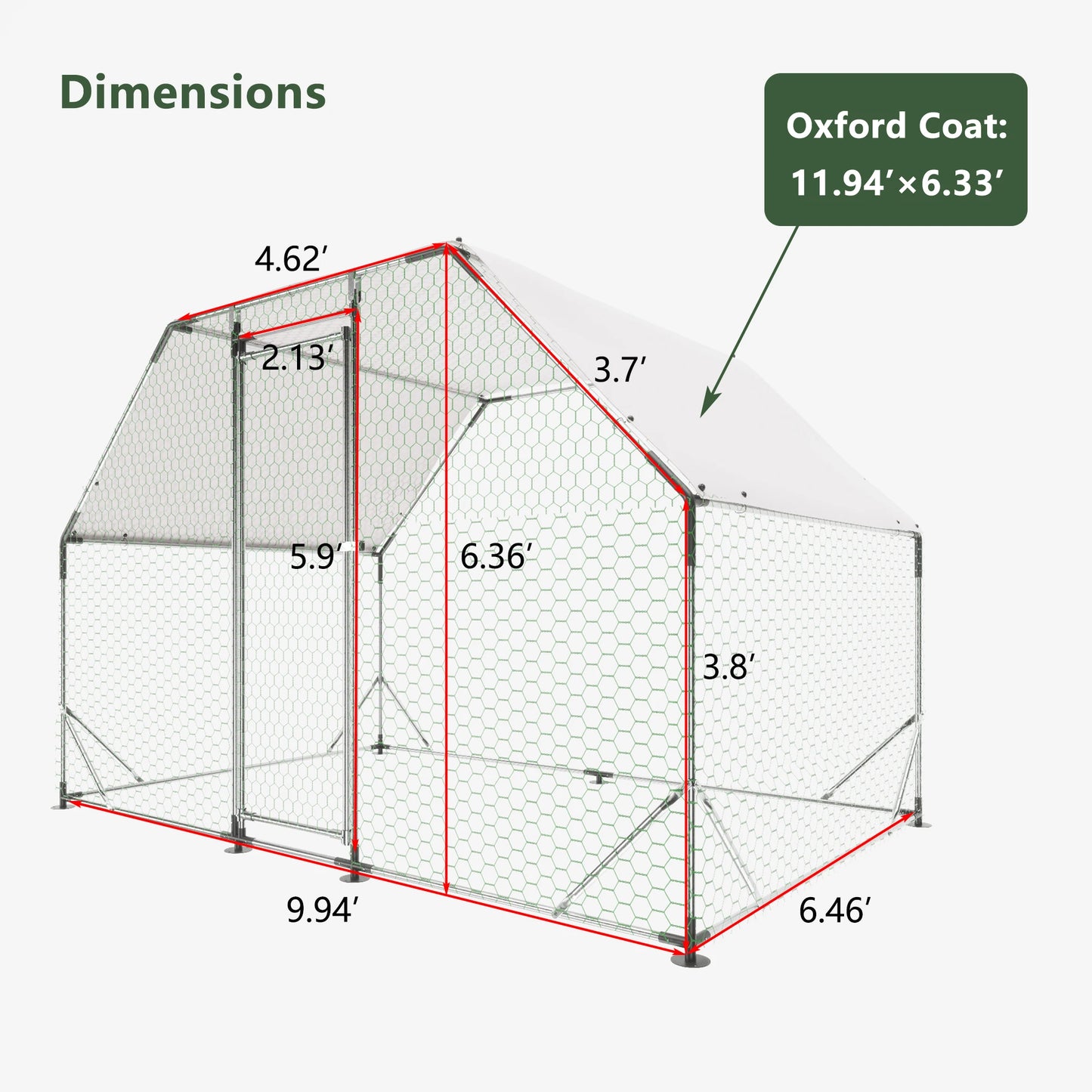 LZBEITEM 9.94 ft x 6.46 ft x 6.36 ft Metal Large Chicken Coop Walk-in Poultry Cage Run Flat Shaped with Waterproof Cover