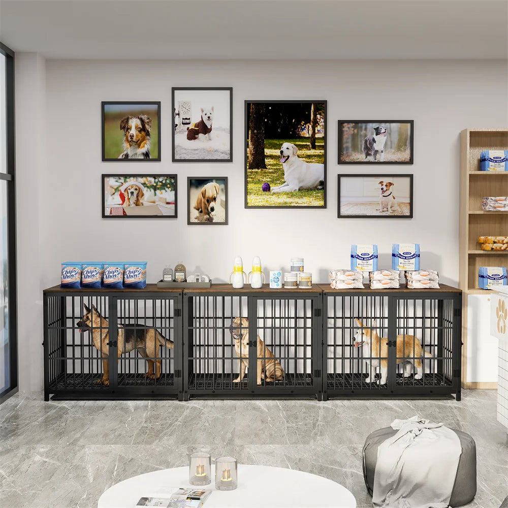 Large Wooden Dog Crate Indoor Furniture Style Elevated Pet Dog Cage Kennel End Table Lattice Playpen with 3 Doors
