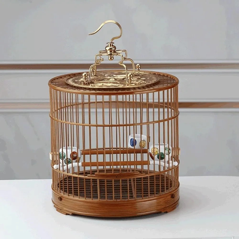 Bamboo Bird Cage Flight Cage Portable Retro Round Bird House Carrier With Rolling Stand