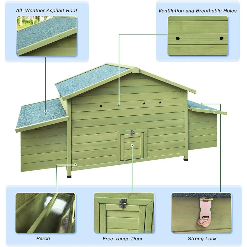 Large Wooden Chicken Coop Outdoor Hen House Poultry Cage with 4 Nesting Boxes and Leakproof Pull-On Tray Weatherproof Poultry