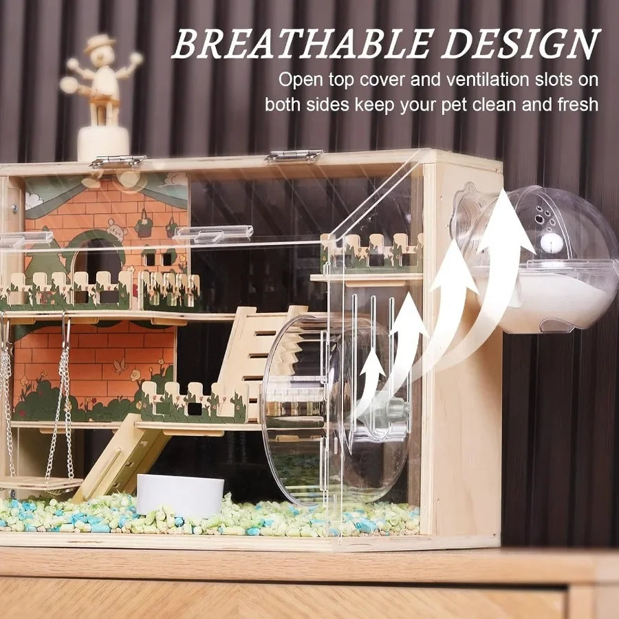 11 In 1 Wooden Hamster Cage With All Accessories 15.8 Inch Three Layer Dwarf Hamster Cage Pastoral Style